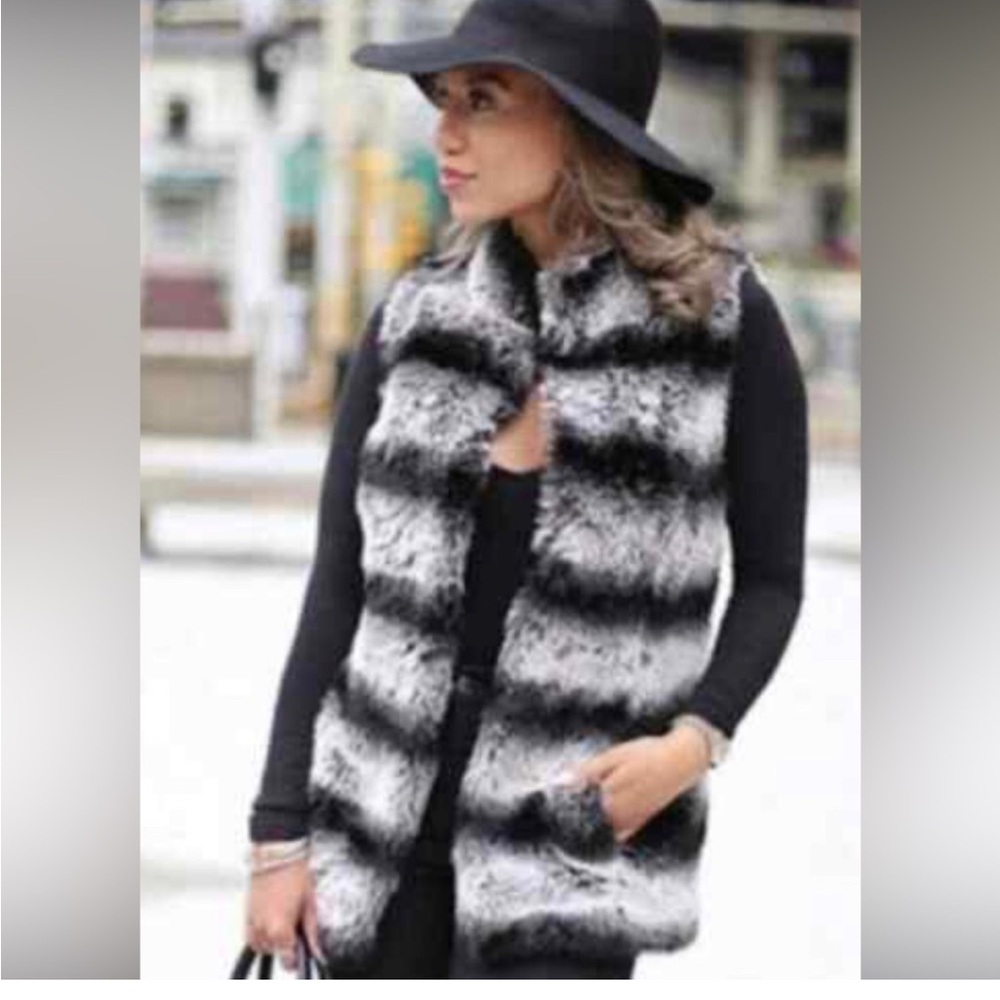 Rachel Zoe Black and Gray Striped Fur Vest